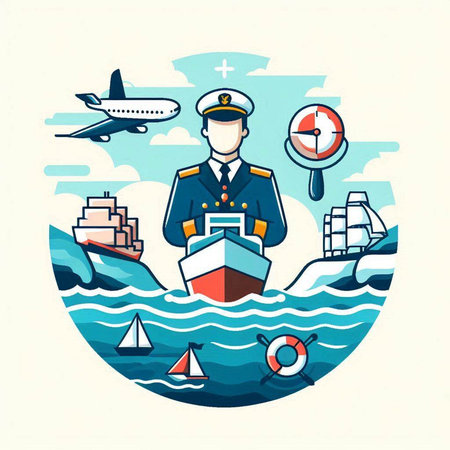Sailor on ship in sea. Sea travel vector illustration.のイラスト素材
