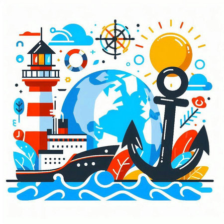 Vector illustration of sea travel concept with lighthouse, ship, lighthouse, anchor and world map.のイラスト素材