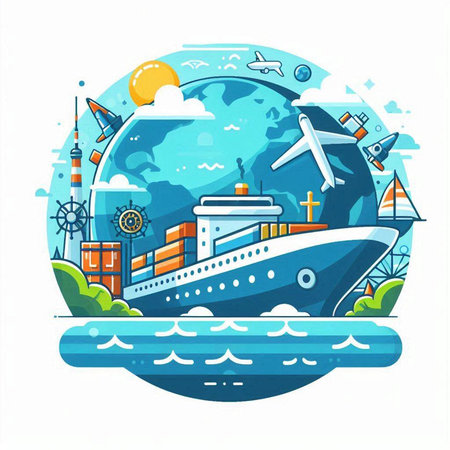 Cruise ship on the background of the globe. Vector illustration.のイラスト素材