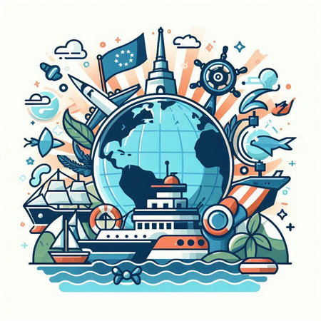 Vector illustration of travel around the world. Globe, ship, cruise ship, lighthouse and other elements.のイラスト素材