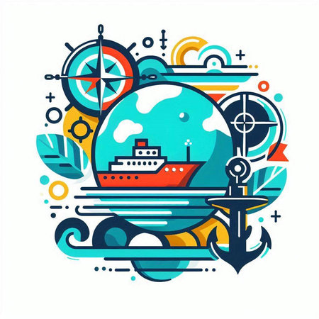 Vector illustration with ship and anchor on the background of the sea.のイラスト素材