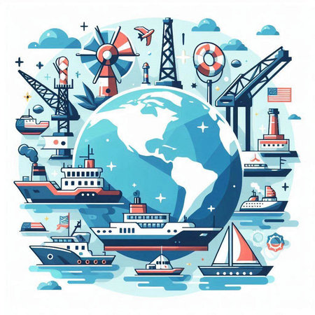 Vector illustration of sea transportation and travel around the world. Ship, boat, lighthouse, cruise ship, lighthouse and other elements on white background.のイラスト素材