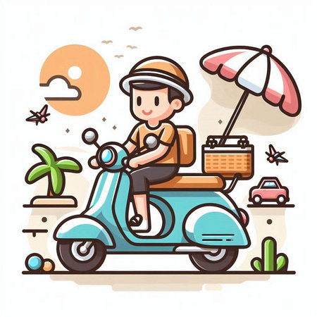 Cute boy riding scooter on the beach. Vector illustration.のイラスト素材