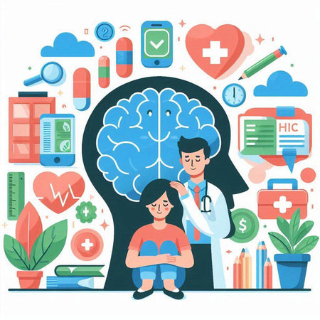 Brain health care concept. Doctor and patient. Vector illustration in flat styleのイラスト素材