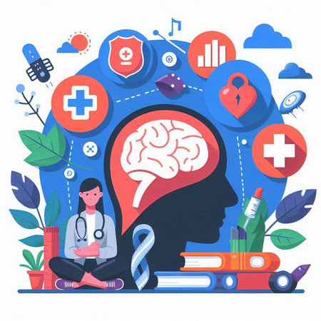 Vector flat graphic illustration of mental health concept with doctor and brain.のイラスト素材