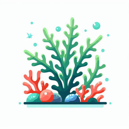 Coral reef with algae and seaweed isolated on white background. Flat vector illustration.のイラスト素材