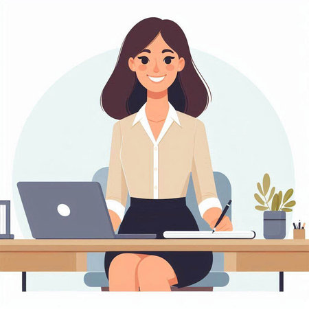 Young business woman sitting at the desk with laptop. Vector illustration.のイラスト素材