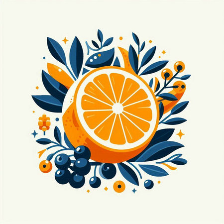 Orange fruit with leaves, berries and branches. Vector illustration in flat style.のイラスト素材
