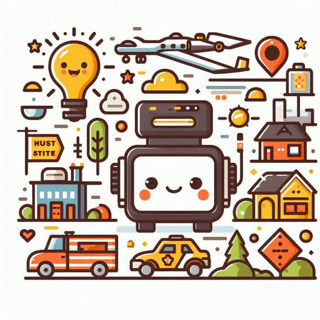 Cute kawaii robot with different types of transport. Vector illustration.のイラスト素材