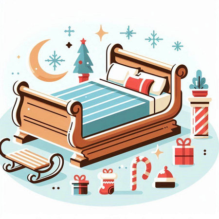 Bed with christmas gifts and snowflakes. Vector illustration.のイラスト素材