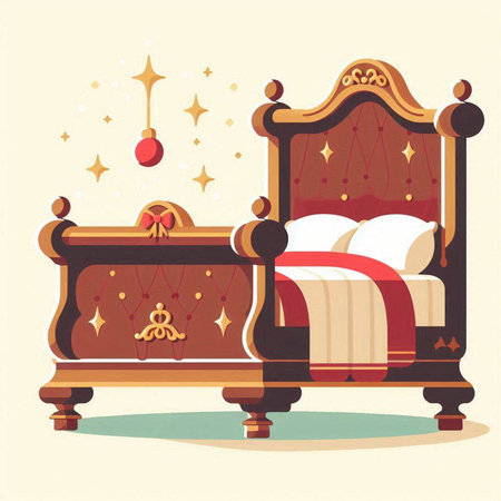 Vintage wooden bed with pillows. Vector illustration in retro styleのイラスト素材