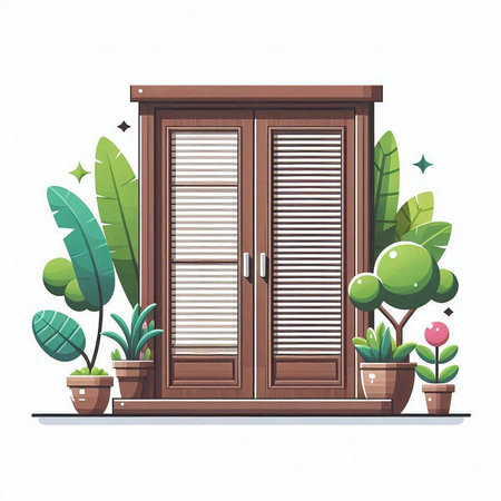 Wooden window with green plants in pots. Cartoon vector illustration.のイラスト素材