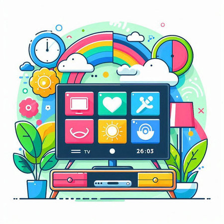 Computer screen with different icons. Colorful vector illustration in flat style.のイラスト素材