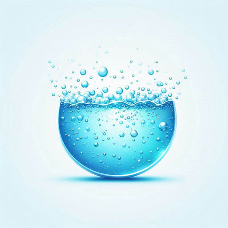 Vector illustration of water drop in glass bowl on blue background with copy spaceのイラスト素材
