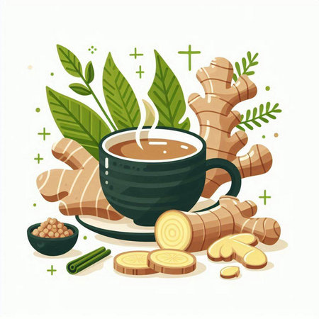 Cup of ginger tea with spices and herbs. Vector illustration.のイラスト素材