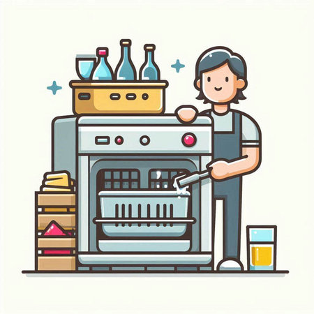 Man working in a coffee machine. Vector illustration in a flat style.のイラスト素材