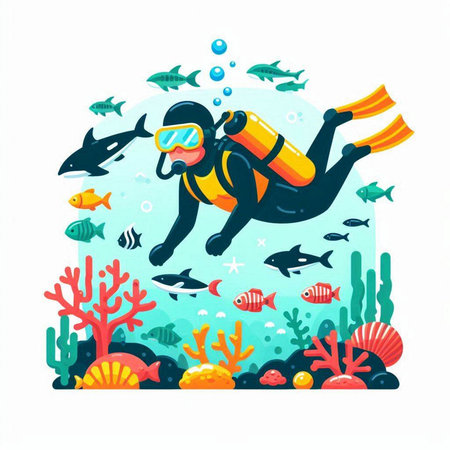 Scuba diver in the sea. Vector illustration on white background.のイラスト素材