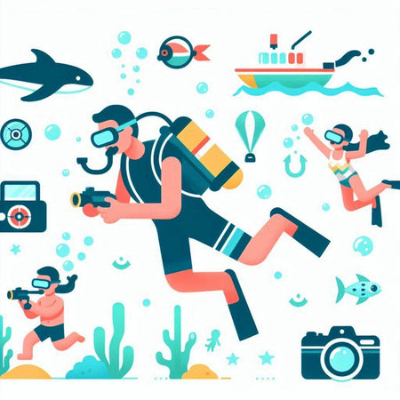 Scuba diving vector illustration. Flat style design with people, icons and elements.のイラスト素材