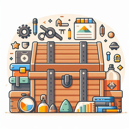 Wooden treasure chest with different tools and accessories. Vector illustration.のイラスト素材