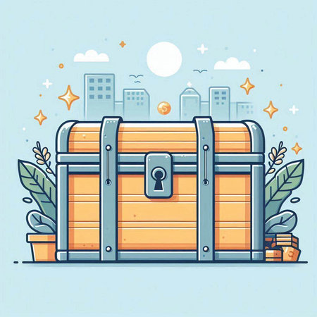 Vector illustration of a treasure chest on a background of the city.のイラスト素材