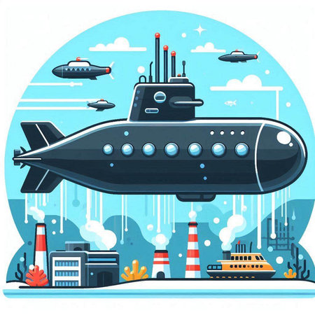 Submarine in the sky. Vector illustration in flat cartoon style.のイラスト素材