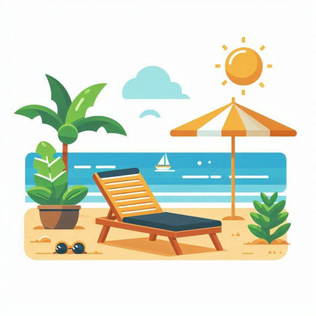 Beach chair with umbrella and palm trees. Vector illustration in flat styleのイラスト素材