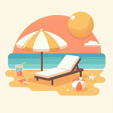 Beach chair with umbrella and cocktail. Vector illustration in flat styleのイラスト素材