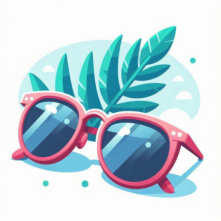 Vector illustration of sunglasses on the background of palm leaves. Flat style.のイラスト素材