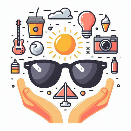 Hand drawn vector illustration of hipster sunglasses with sun, sun, clouds, guitar, coffee and other summer elements. Line art design for web, site, advertising, banner, poster, board and print.のイラスト素材