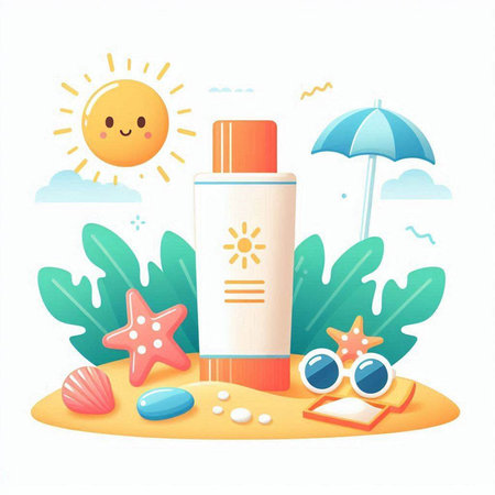 Sunscreen lotion on the beach. Vector illustration in flat styleのイラスト素材