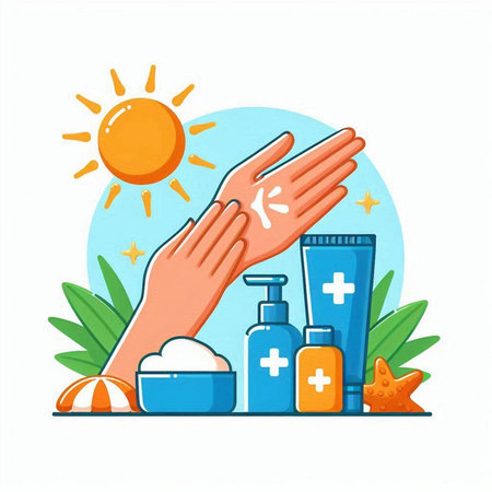 Vector illustration of hands washing with soap and lotion, sun, starfish, seashells and sunscreen.のイラスト素材