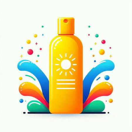 Sunscreen bottle with colorful splashes on white background. Vector illustration.のイラスト素材