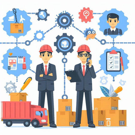 Warehouse workers and cargo truck on white background. Vector illustration.のイラスト素材