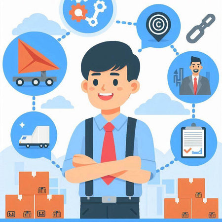 Businessman with business icons. Vector illustration in flat cartoon style.のイラスト素材