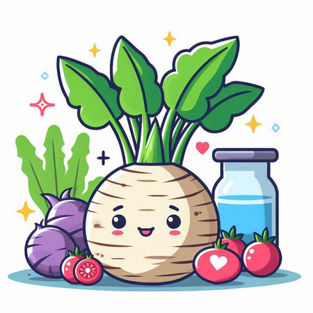 Cute kawaii radish with vegetables, vector illustration.のイラスト素材