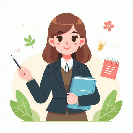 Business woman holding notebook and pen. Vector illustration in flat style.のイラスト素材
