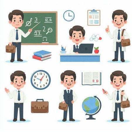 Set of various poses of male teacher in different situations. Vector illustration.のイラスト素材