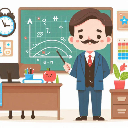Teacher in classroom with blackboard and chalkboard. Vector illustration.のイラスト素材