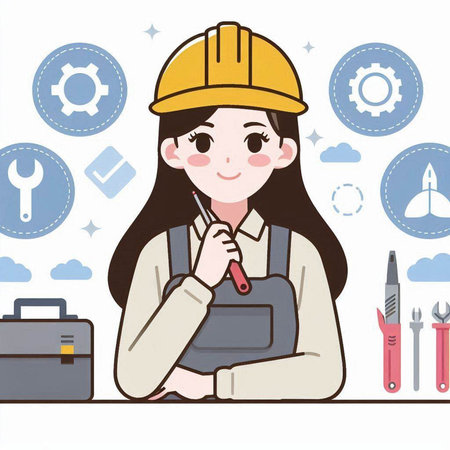 Female construction worker in helmet and overalls with tools. Vector illustration.のイラスト素材