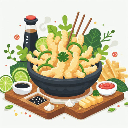 Illustration of Tempura Noodles with Vegetables and Herbsのイラスト素材