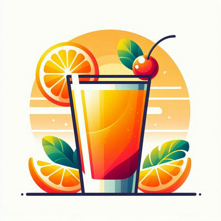 Tequila Sunrise Cocktail with Orange and Cherry. Vector illustrationのイラスト素材