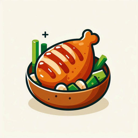 Illustration of a roasted chicken in a bowl with chopsticks.のイラスト素材