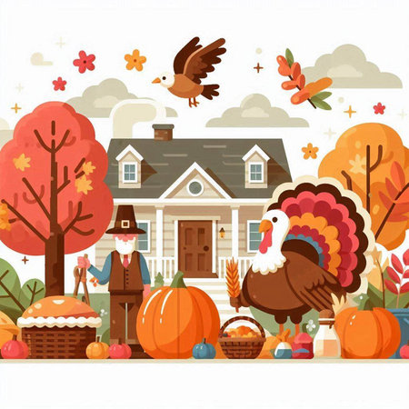 Thanksgiving day cartoon vector illustration. Country house, turkey, pumpkins, basket of apples, pumpkin.のイラスト素材