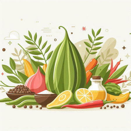 Vegetable background. Vegetables and spices. Vector illustration.のイラスト素材