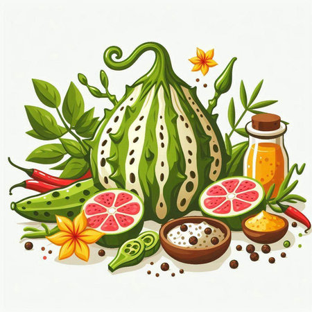 Illustration of a set of fresh fruits and vegetables on a white backgroundのイラスト素材
