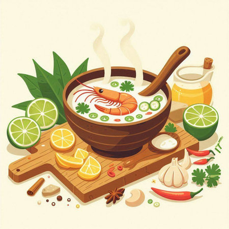 Shrimp soup in wooden bowl with herbs and spices. Vector illustration.のイラスト素材