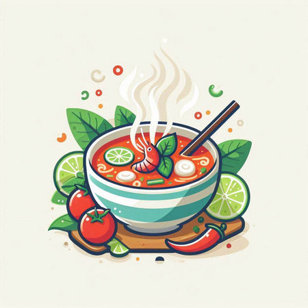 Illustration of a bowl of spicy tom yum soup with ingredientsのイラスト素材
