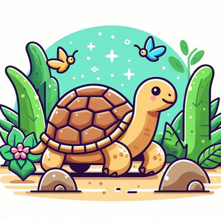 Cute cartoon turtle in the jungle. Colorful vector illustration.のイラスト素材