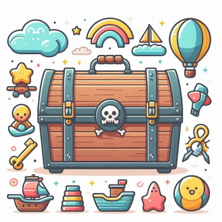 Pirate treasure chest with icons. Vector illustration in cartoon style.のイラスト素材