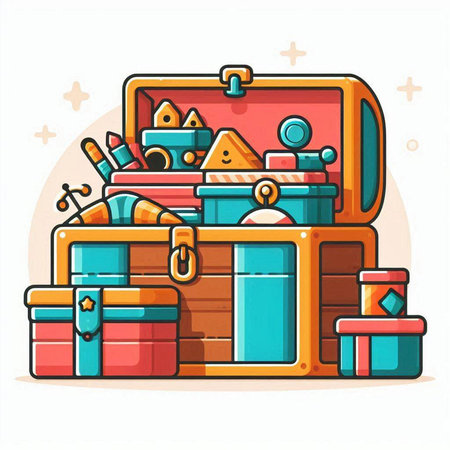 Treasure chest with different toys. Vector illustration in cartoon style.のイラスト素材